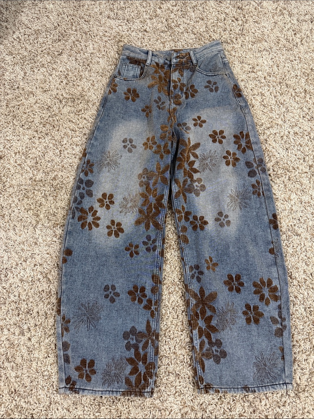 Floral Printed Wide-Leg Women's Jeans - Blue